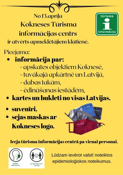 Ar 13.aprīli Kokneses Tūrisma informācijas centrs ir atvērts apmeklētājiem klātienē.