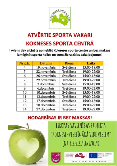 Atvērtie sporta vakari Kokneses sporta centrā 