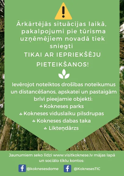 Pakalpojumi pie tūrisma uzņēmējiem Kokneses novadā ārkārtējās situācijas laikā
