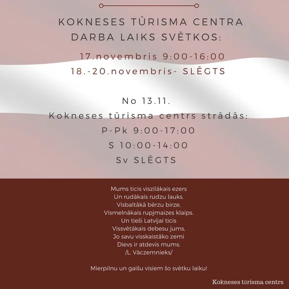 Tūrisma centra darba laiks turpmāk un svētkos!